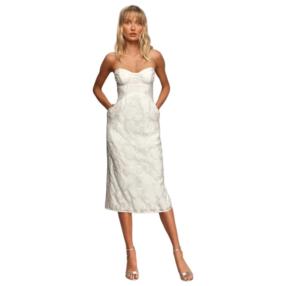 Lulus From This Day White Floral Jacquard Strapless Midi Dress
